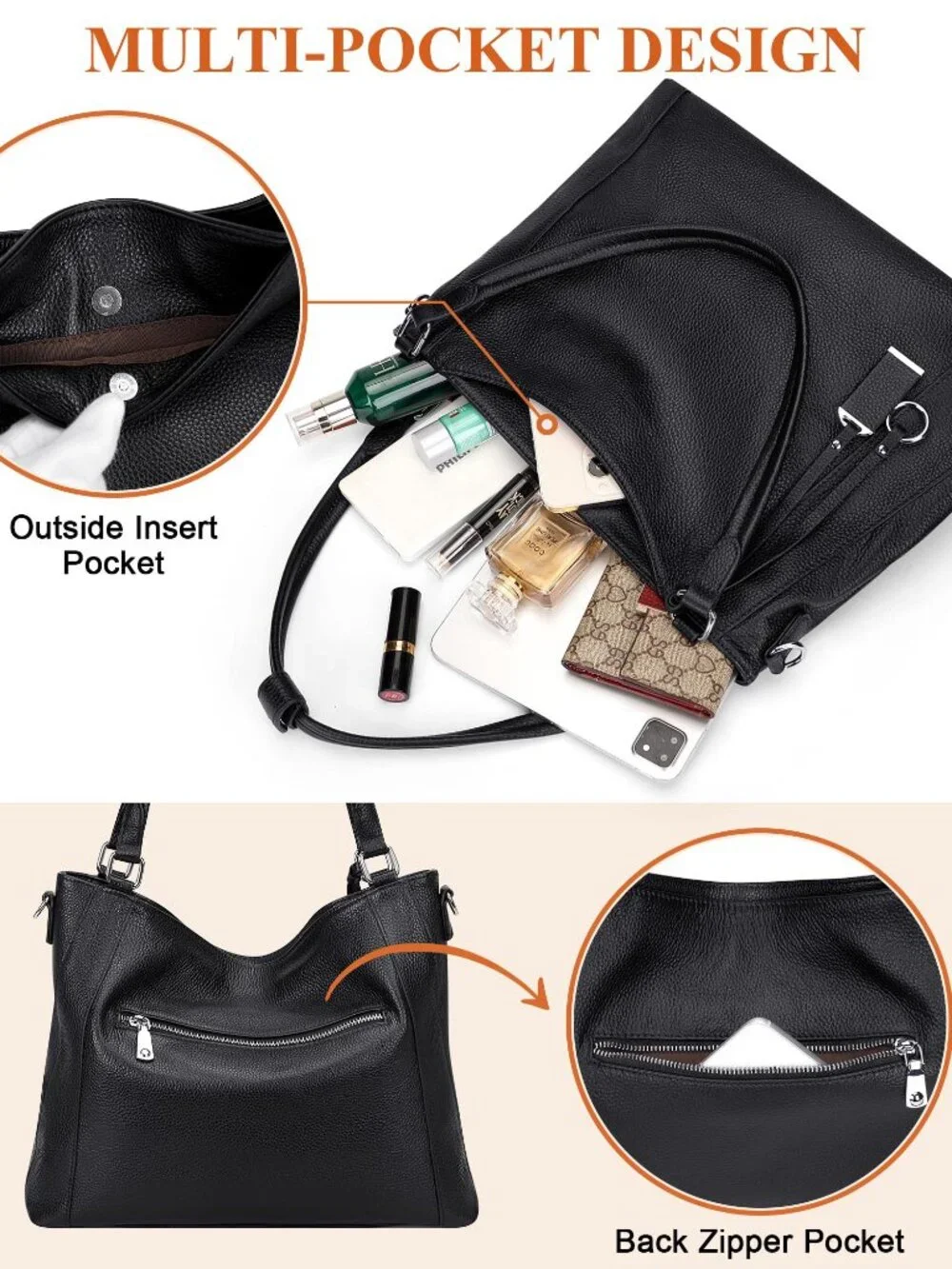 Genuine Leather Hobo Bag Large Shoulder Bag Detachable Strap